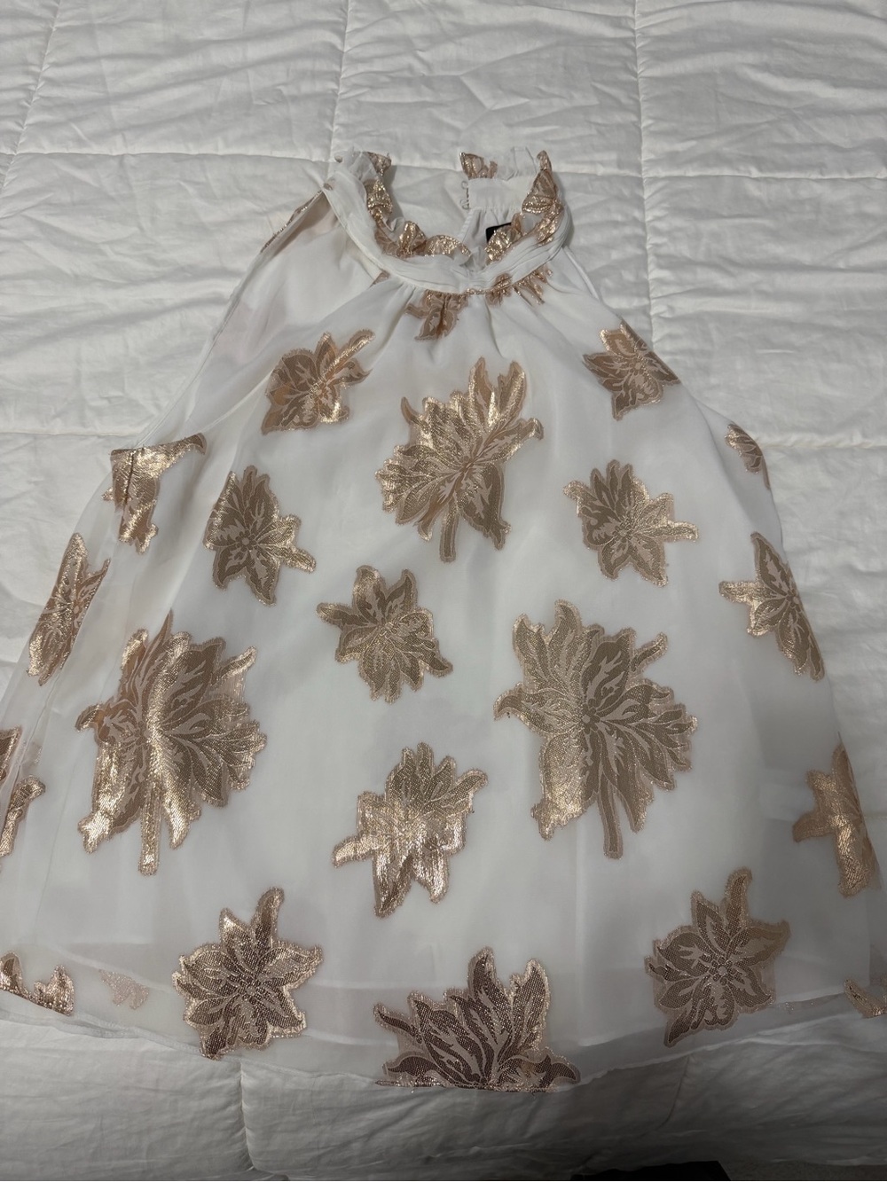 Express White Chiffon Halter Top with Gold Floral Applique